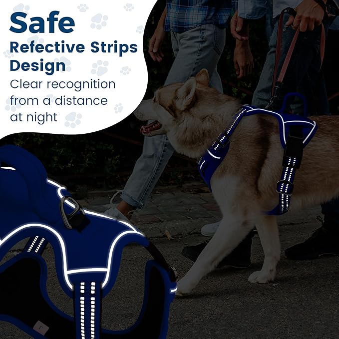 Funfox Dog Harness No Pull, Adjustable Pet Vest Harness, Super Soft Material with Vertical Handle Easy Control, Reflective Night Walking, 2 Leash Clips for Large Dogs, Blue, L