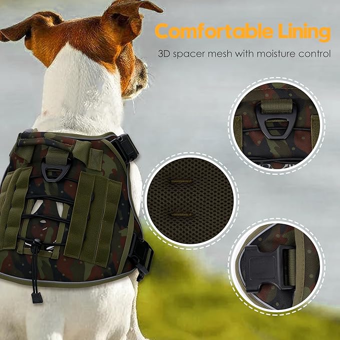 Heavy-Duty Tactical Dog Harness for Large Dogs, No Pull Adjustable Reflective Pet Vest with Molle System, K9 Military-Grade Control for Service Training, Outdoor & 10+ Breeds, Green Camo, XX-Large