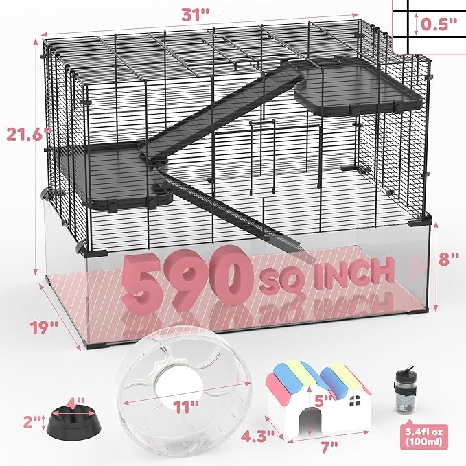 3-Tier Glass Hamster Tank, Large Hamster Cage Habitat with 11inch Big Running Wheel for Rat, Mouse, Gerbil, Syrian Hamster, 590 SQ INCHES