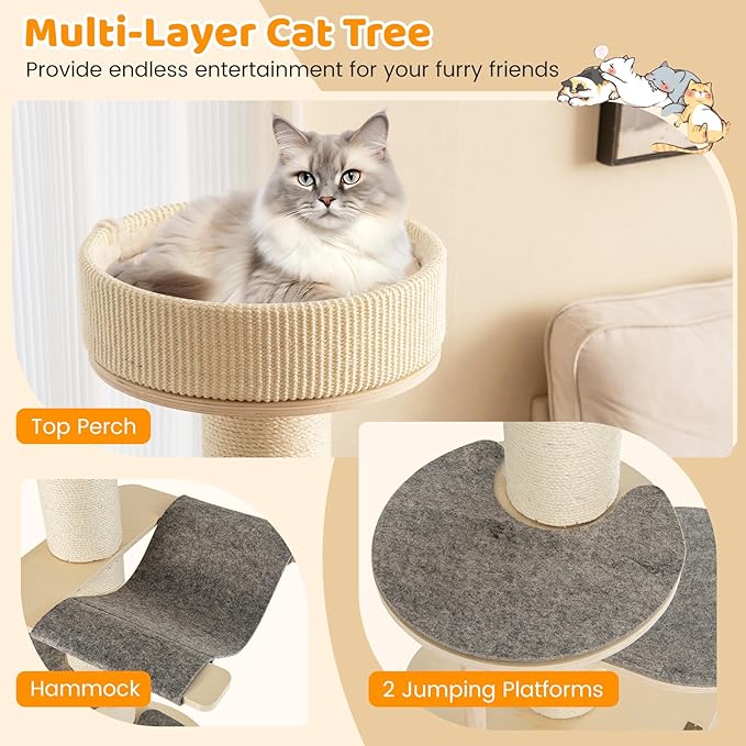 Tangkula Wood Cat Tree, 47 Inch Multi-Layer Cat Tower with 5.7” Thicker Sisal Covered Scratching Posts & Carpet, Padded Top Perch, 2 Jumping Platforms, Hammock, Modern Cat Tree Tower for Indoor Cats