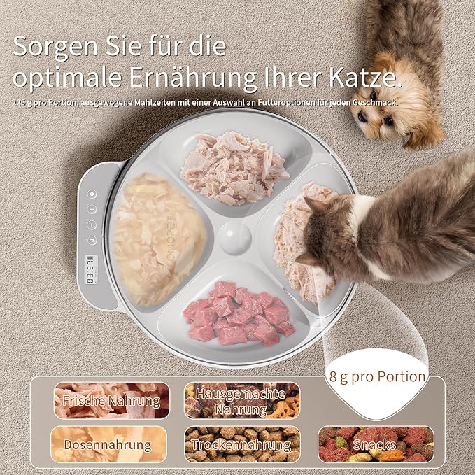 Automatic Cat Feeder Wet Food, Whisker-Friendly Automatic Cat Food Dispenser True 4-Meal Design with Locking Lid, Smart Timer Feeder for Wet Cat/Dog ，2-Ice Packs, Easy to Clean (White-1)