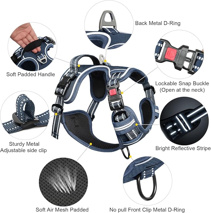 Timos Dog Harness Large Sized, No Pull Pet Harness with Neck Lockable Snap,No Choke Front Clip Dog Reflective Vest,Adjustable Metal Rings 3 Buckles,Easy Control Handle for Large Dogs Royal Blue L