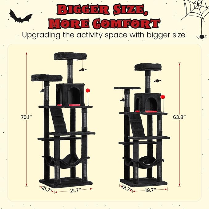MWPO Gothic Large Cat Tree, 70.1-Inch Multi-Level Tall Cat Tower for Indoor Cats, Plush Cat Condo with Big Padded Perches, Sisal-Covered Scratching Posts, Hammock, Toys for Kittens & Cats, Black