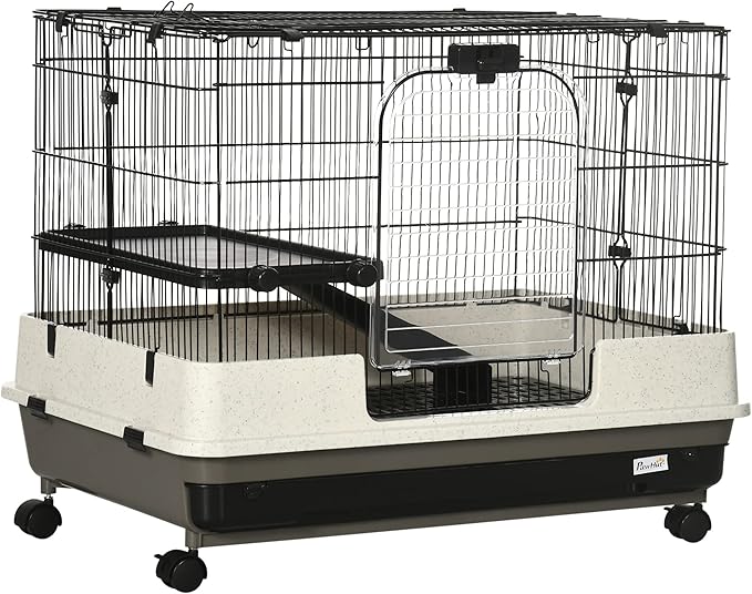 PawHut 26" Small Animal Cage with Wheels, 2-Level Portable Bunny Cage, Chinchilla Ferret Cage with Removable Tray, Platform and Ramp