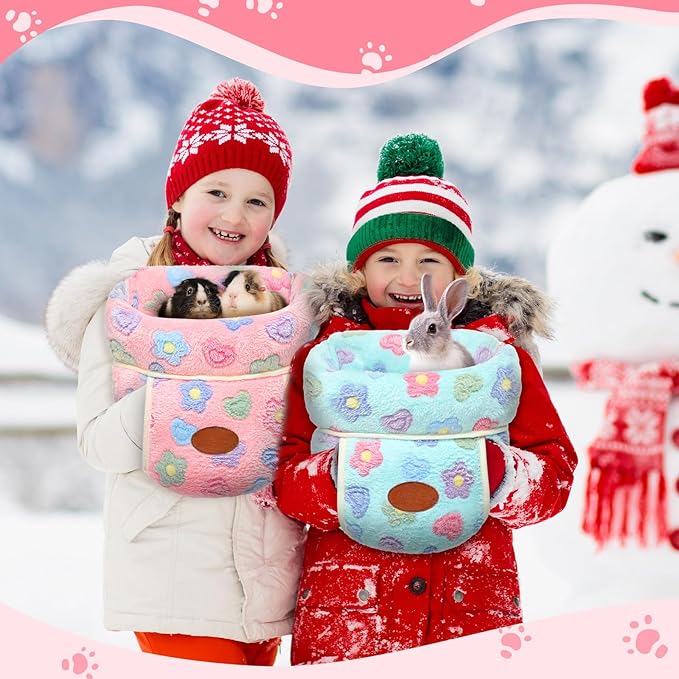 Wenqik 2 Pcs Guinea Pig Bed Cuddle Warm Hideout Small Animal Sack Cozy House Bedding Sleeping Cushion Portable Pet Carrier Cage Nest for Rabbit Hamster Rat (Green, Pink,Flowers)
