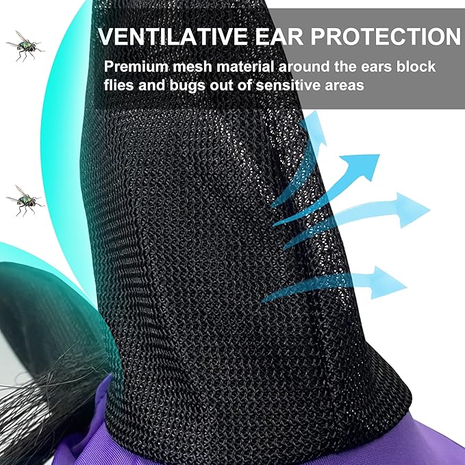 Stretchy Horse Fly Mask for Horses, Soft Lycra Equine Mesh Mask, Elasticity Horse Face Covering, Breathable&UV Protection, Violet, Cob