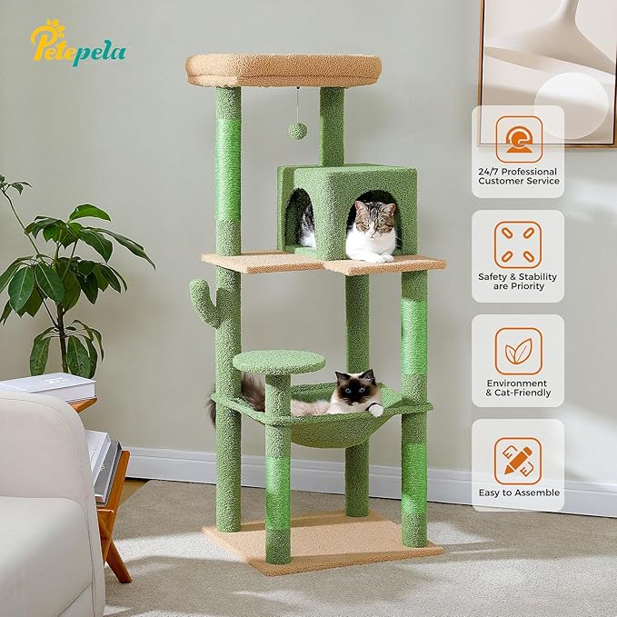 PETEPELA 56.3'' Tall Cat Tree for Indoor Cats, Cactus Cat Tower with Super Large Hammock (20''X16''), Sisal Covered Scratching Posts, Cozy Condo and Top Perch Green