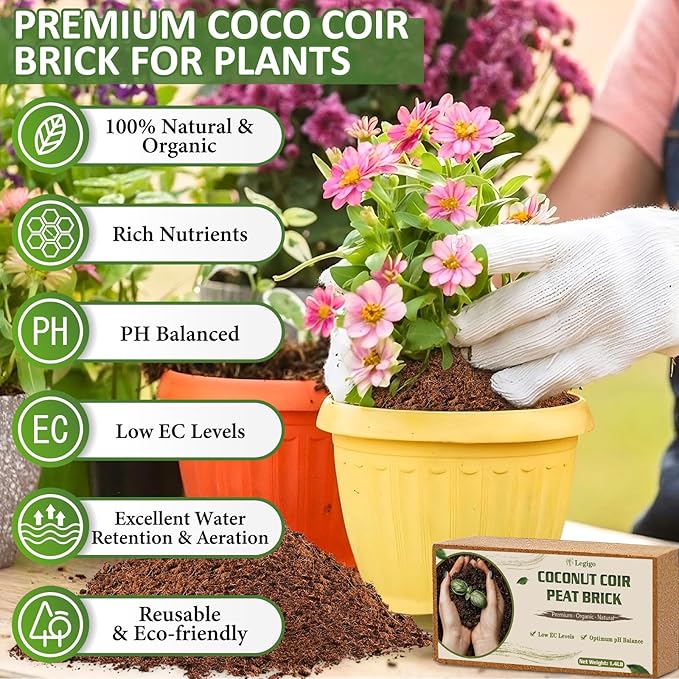 Legigo 6 Pack Premium Coco Coir Brick for Plants- 100% Organic Compressed Coconut Coir Bricks Starting Mix, Coco Coir Fiber Coconut Husk for Planting, Gardening, Potting Soil Substrate, Herbs