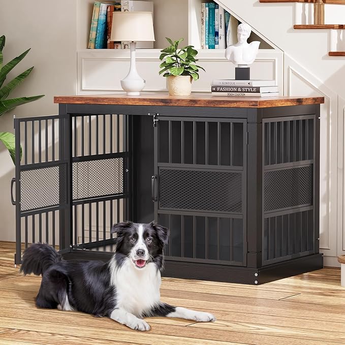 VOPEAK 40" Dog Crate Furniture, Chew Resistant Dog Crate for Dogs, Heavy Duty Dog Crates Dog Kennel Cage Indoor with Double Doors, End Table for Bedroom Living Room, Black