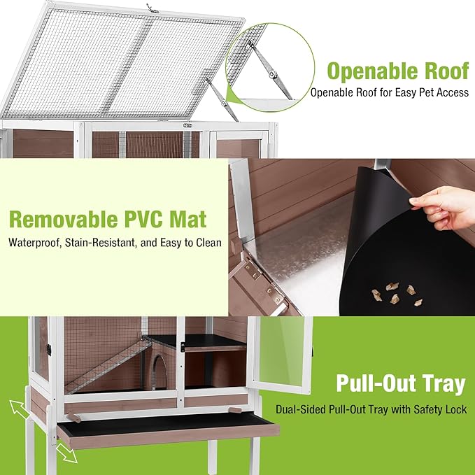 GUTINNEEN Rabbit Hutch Bunny House, 36.6" L Rabbit Cage with Anti Chewing Ramp, Guinea Pig Cage with Cooling Galvanized Sheet, Detachable Legs(Brown)