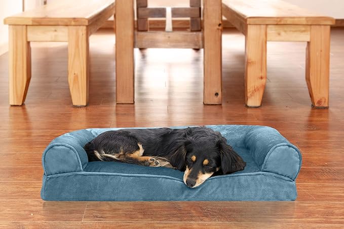 Furhaven Pillow Dog Bed for Medium/Small Dogs w/ Removable Bolsters & Washable Cover - Faux Fur & Velvet Sofa - Harbor Blue, Medium
