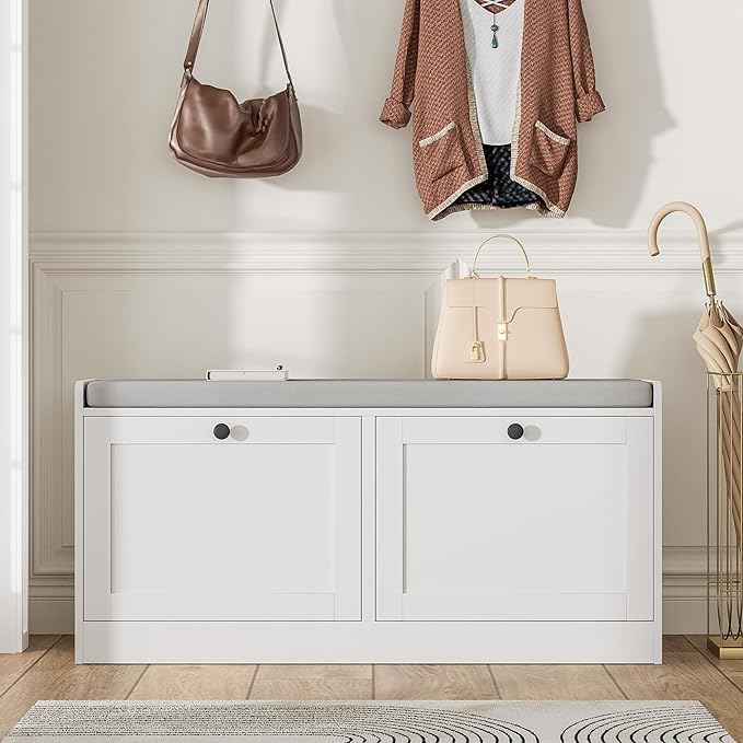 MHOM White Entryway Bench with 2 Flip Drawers, Shoe Bench with Padded Seat Cushion, Wooden Shoe Storage Bench for Entryway and Apartment