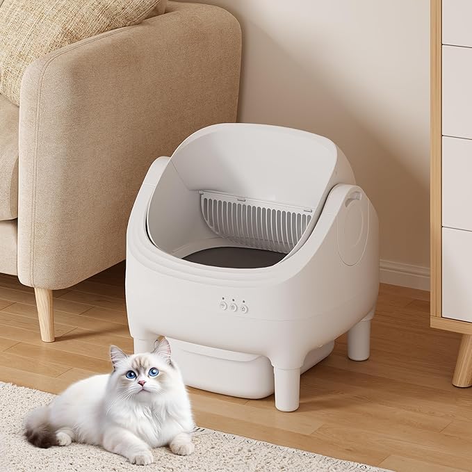 Greesum Automatic Self-Cleaning Litter Box for Cats - Open-Top Design, Easy Odor Control, Smart APP Control, 15L Large Waste Bin, Includes Trash Bags & Mat (White)