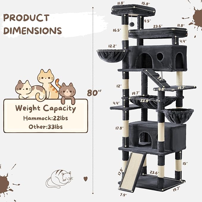 Cat Tree, 80-Inch Large Cat Tower with 9 Scratching Posts, 2 Perches, 2 Caves, 2 Basket, 2 Stairs, Extra Large Hammock, Pompoms, Multi-Level Plush Cat Condo for Indoor Cats/Smoky Grey