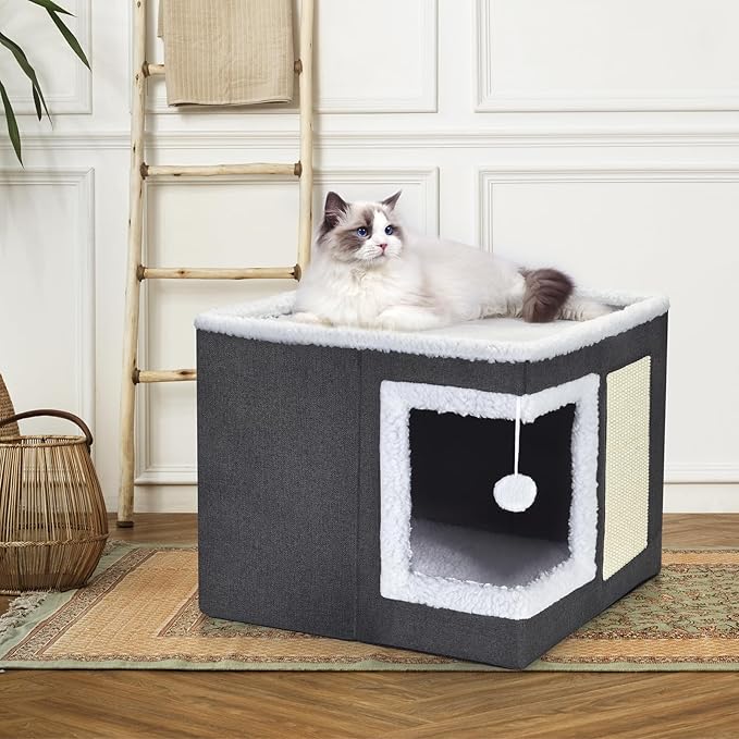 petizer Cat Bed for Indoor Cats, Large Covered Cat House with Scratch Pad, Foldable Cat Cave Bed & Hideaway Cube with Reversible Cushions, Cute Cat Condo for Multi Small Pet Kitten (Blue)