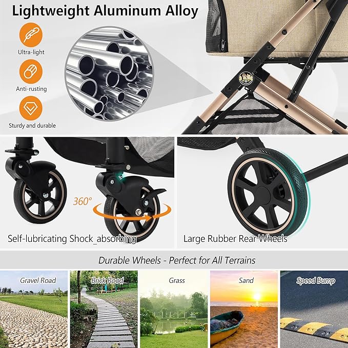 Medium Dog Stroller, Kenyone Pet Stroller for Medium Dogs Up to 55lbs, Lightweight Aluminum Frame, One Click Folding, Large Cat Stroller with No Zip Entry, Detachable Mesh, Multiple Pockets