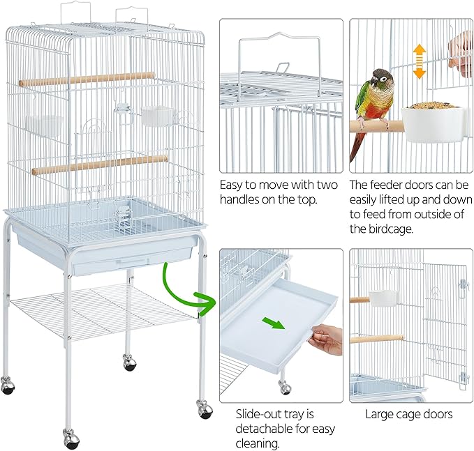 Yaheetech Play Open Top Parrot Bird Cages for Sun Parakeet Cockatiel Green Cheek Conure Lovebird w/Detachable Rolling Stand, White