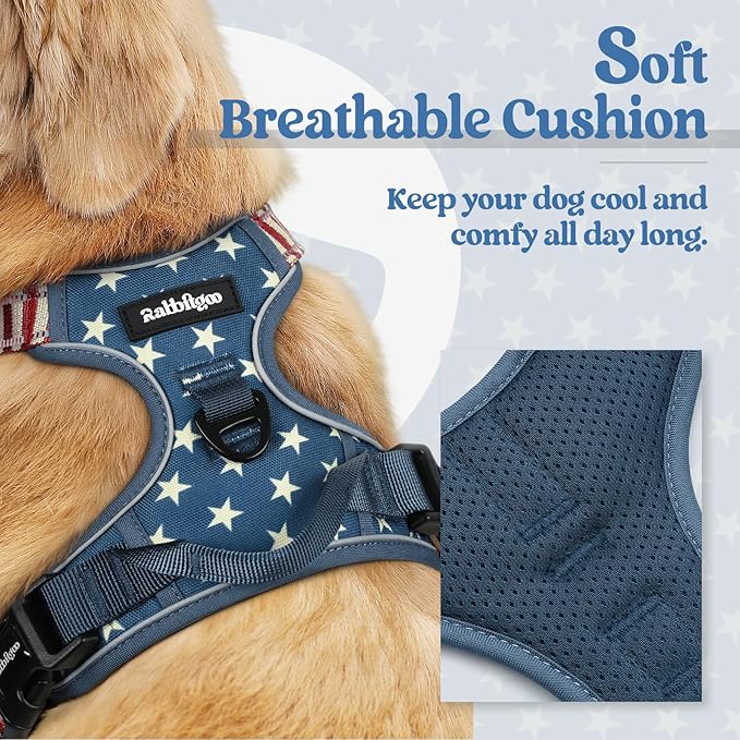 rabbitgoo Dog Harness No Pull with 2 Leash Clips, Adjustable Soft Padded, Reflective Oxford No Choke Pet Vest with Easy Control Handle for Large Dogs, Blue Star, M
