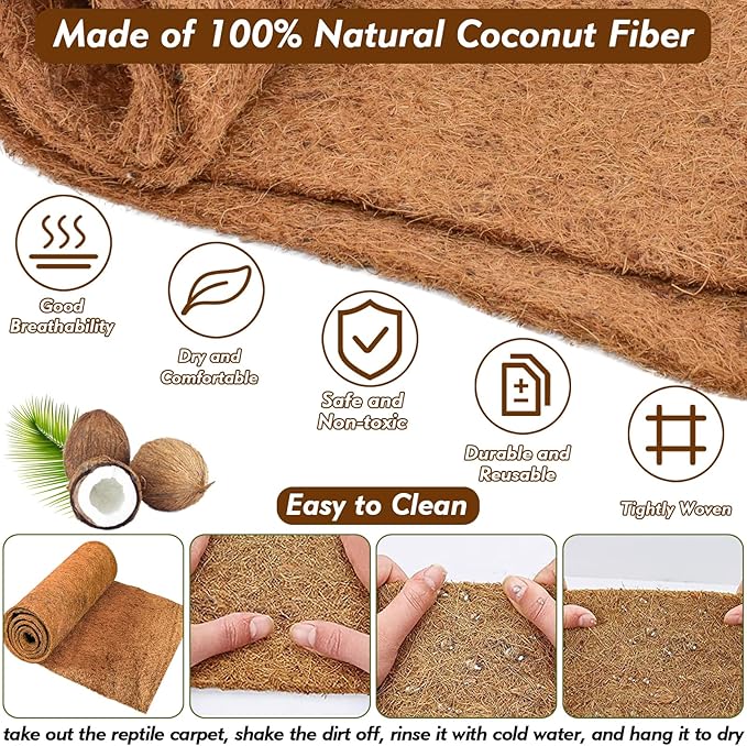 ZeeDix 3 Rolls Coconut Fiber Reptile Substrate Mat, 18 x 24 inches Natural Coco Mat Reptile Carpet Coco Fiber Liner Turtle Bedding Reptile Terrarium Liner for Lizard Snake Turtle Gecko Bearded Dragon