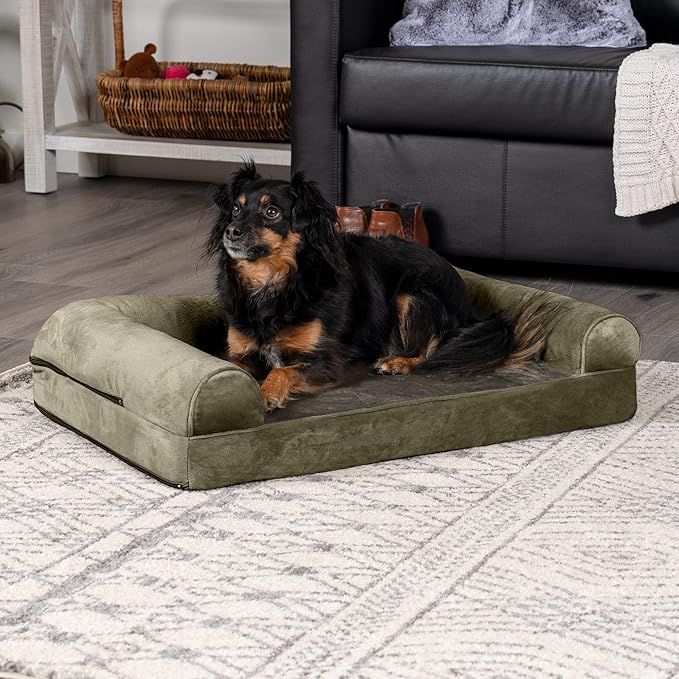 FurHaven Soft, Orthopedic Foam Sofa Dog Bed with Washable & Removable Cover - Faux Fur/Velvet - Dark Sage, Dogs Up to 35 lbs - Medium