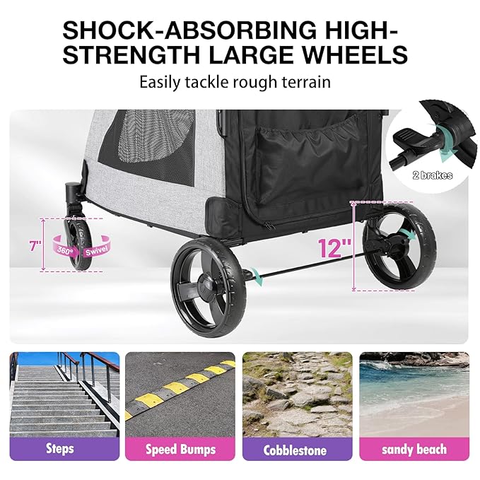 EchoSmile XL Extra Large Dog Stroller - Adjustable Handles,Lightweight Folding Pet Stroller,All-Terrain 4 Wheel for 2 Medium Dogs,Dual Entry Safety Dog Stroller,Capacity 160 lbs,Gray