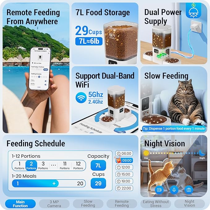 Automatic Cat Feeder with 2 Camera for 2 Cats: 5G WiFi Automatic Dog Feeder with Night Vision & Slow Feed, 7L Auto Cat Food Dispenser for Multiple Pet, Detachable for Easy Cleaning - 29 Cup