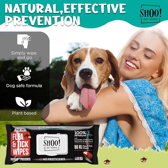 Shoo! Flea & Tick Wipes for Dogs | Convenient, Easy On-The-Go Protection | Plant Based, Natural Oils, Chemical Free | Repels & Prevents | 50 XL Wipes (2 Pack) | Original -Lavender