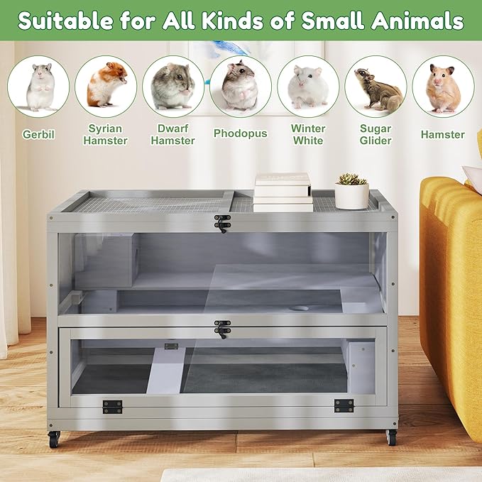 Coziwow Hamster Cage 35.4'' with Removable Ramps & Tray, Small Animals Hutch with Wheels & 2 Openable Doors, 3-Tier Wooden Cage for Dwarf Syrian Hamster, Mice, Rat, Rabbit