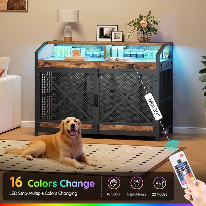 HOOBRO 43.3" Dog Crate Furniture, Heavy Duty Dog Kennel Indoor with Storage Shelves, Wooden Dog Cage with LED Lights, for Medium Large Breed, Rustic Brown and Black BF89DGW03