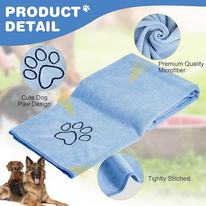 Chumia 4 Pack Dog Towels for Drying Large Microfiber Grooming Tools Absorbent Soft Bath Supplies with Embroidered Paw for Small Medium Pet Products (30 x 50 Inch,Light Blue)