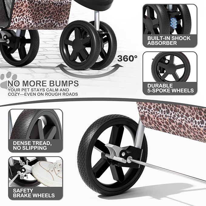 MoNiBloom 3 Wheels Pet Dog Cat Stroller for Small Medium Dogs Cats, Lightweight Foldable Jogger Stroller w/Storage Basket & Cup Holder, Leopard Print