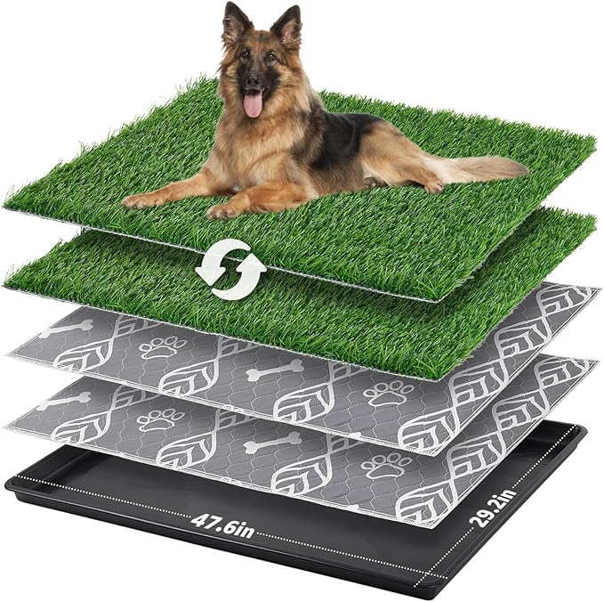 LOOBANI 45x29in Large Dog Litter Box with 2 Artificial Grass Patch + 2 Washable Pee Pads, Quickly Absorbency Portable Patio Potty for Balcony Apartment Use