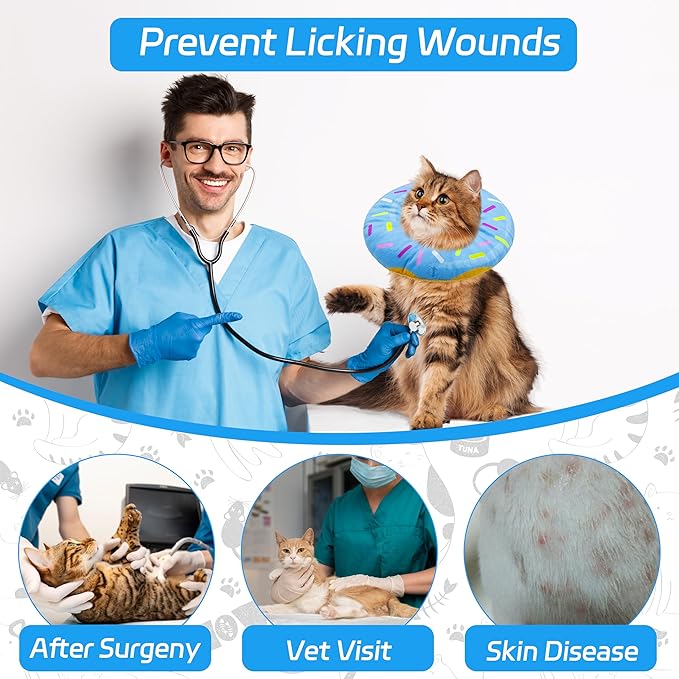 Cat Cone Collar Soft, Adjustable Cat Recovery Collars Kitten Cones to Stop Licking, Cute Donut E Collar After Surgery, Anti-Lick Wound Healing Elizabethan Collar for Kittens(Donut Blue, Medium)