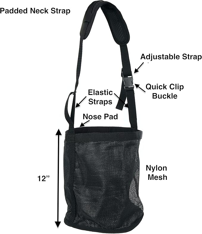Majestic Ally Horse Feed Bag, Heavy Duty Nylon Mesh Grain Feed Bag, Adjustable Strap with Durable Snap and Elastic Straps, Comfort Neck Pad and Nose Pad- Large (Full, Black)