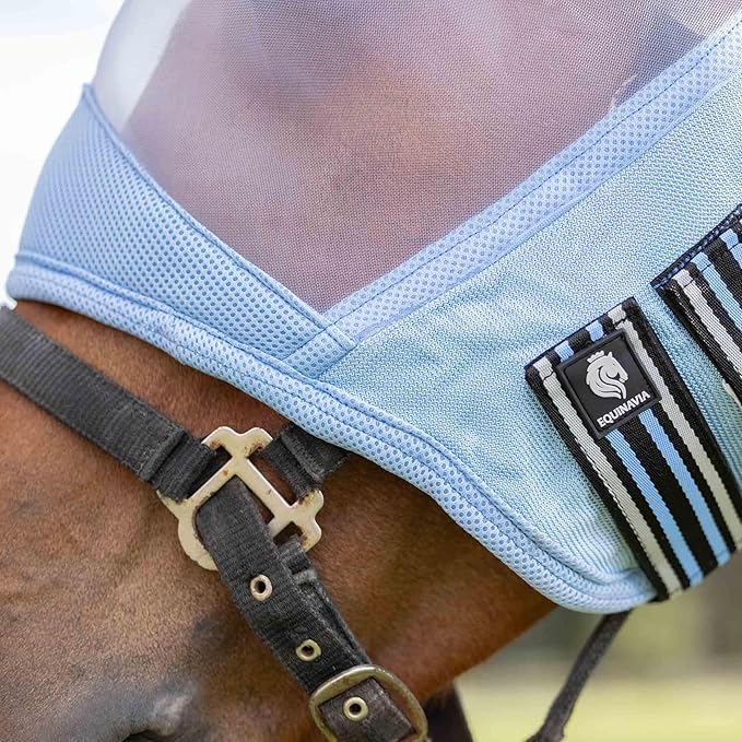 Equinavia Algard Soft Mesh Horse Fly Mask with Ear Protection and 45 UPF Rating | No Eye Irritation & UV Protection - Light Blue - Pony