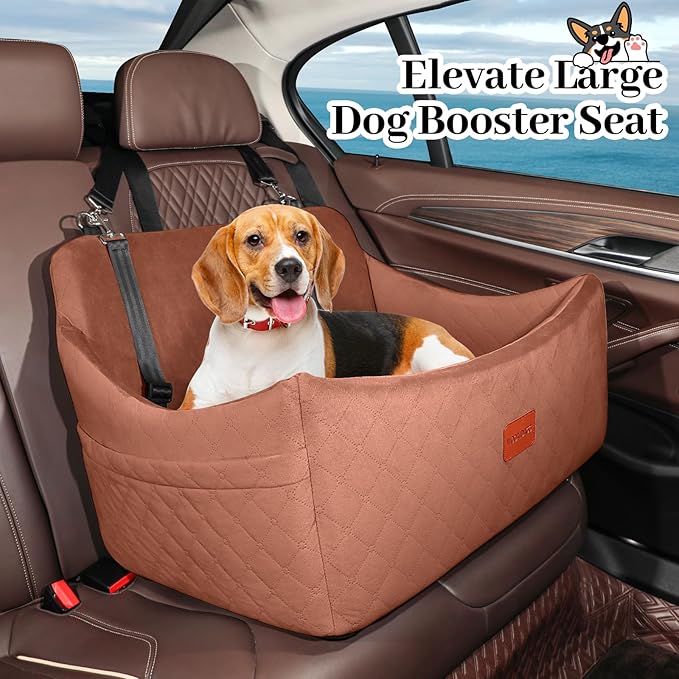 Dog Car Seat for Medium & Large Dogs Up to 55lbs, Memory Foam Cushion, Washable Cover, Safety Straps & Non-Slip Base (Brown, Large)