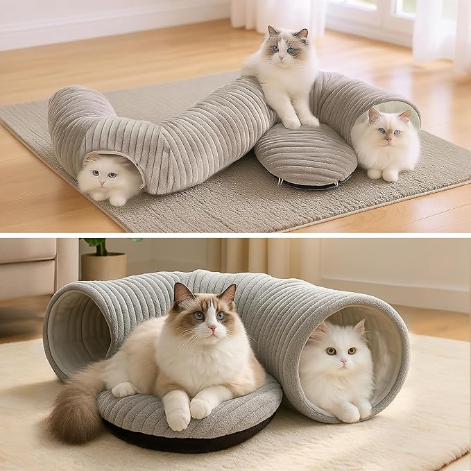 Cat Tunnel Bed for Indoor Cats, Peekaboo Cat Cave Bed,Soft Cat Donut Tunnel for Kitten Large Cats, Grey