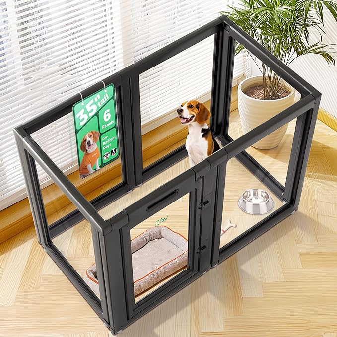 FXW AuraSpace Acrylic Indoor Unleashed Dog Playpen for Medium Dogs, 35 Inch, 6 Panels, Black