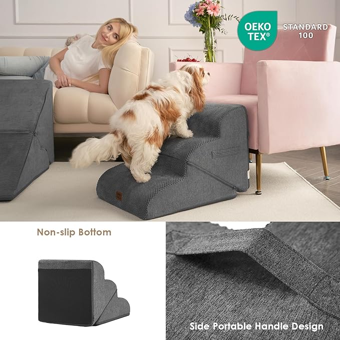 EHEYCIGA Curved Foldable Dog Stairs Ramp for Small Dogs 16" H, 3-Step Dog Steps for Couch Sofa and Chair, Pet Stairs for Cats, Non-Slip Balanced Pet Steps Indoor, Grey