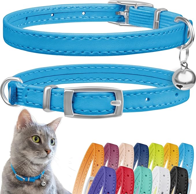 CollarDirect Leather Cat Collar, Kitten Collar with Removable Bell Black Blue Red Orange Lime Green (8-11 Inch, Light Blue)