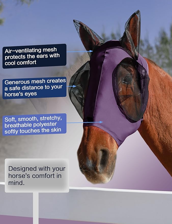 Horse Fly Mask with Ears, UV Protection for Horses, Elasticity with Big Mesh Eye Covers, Snug Fitting Comfortable Breathable Lightweight for Horses Deep Purple Cob
