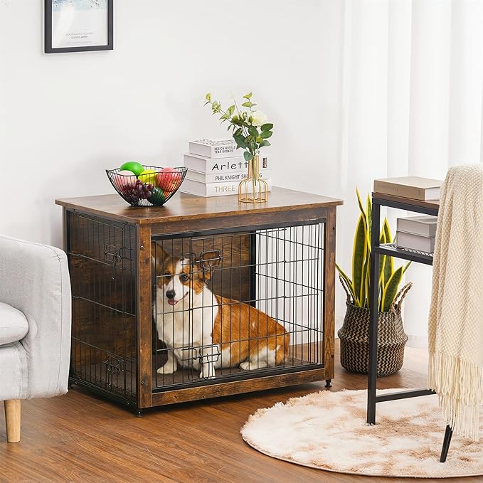 DWANTON Dog Crate Furniture with Cushion, Wooden Kennel Table with Double Doors, Indoor Dog House, Medium Size, 32.5" L, Rustic Brown