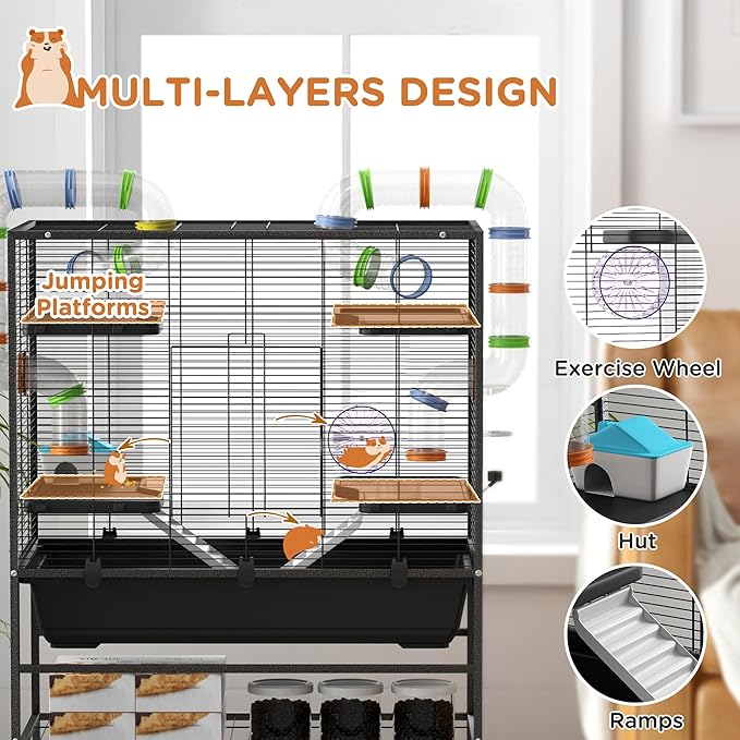 PawHut 32" Large Hamster Cage with Storage Shelf, Rat Cage for Syrian Hamster, Gerbils, with Tubes, Running Wheel, Food Dish, Water Bottle