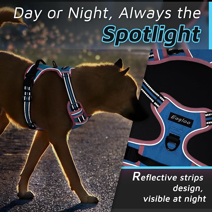 Eagloo Dog Harness for Large Dogs, No Pull Service Vest with Reflective Strips and Control Handle, Adjustable and Comfortable for Walking, No Choke Pet Harness with 2 Metal Rings, Pink & Blue, L