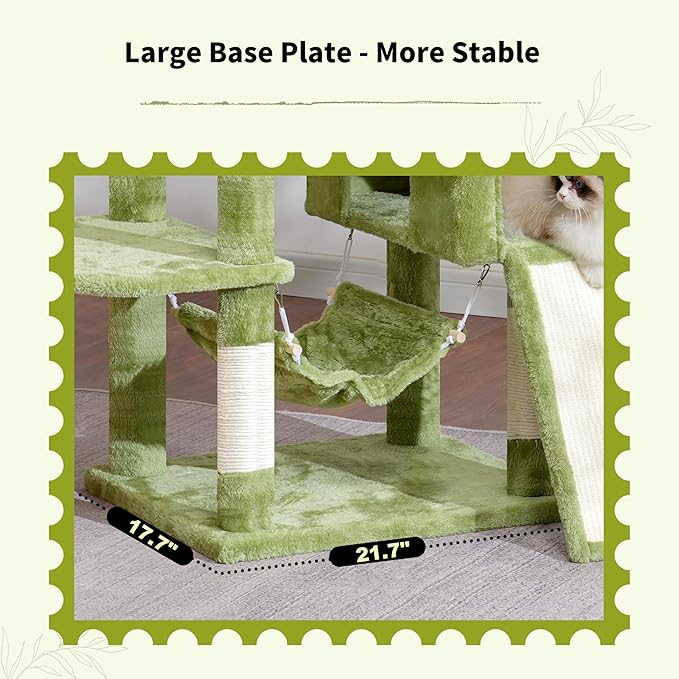 Cat Tree for Indoor Cats, 71'' (180cm) Multi-Level Cat Tower for Large Adult, Sturdy Cat Tree House with 2 Scratching Boards 7 Posts, 2 Plush Perches/Condos, Hammock, Green GCT032GR