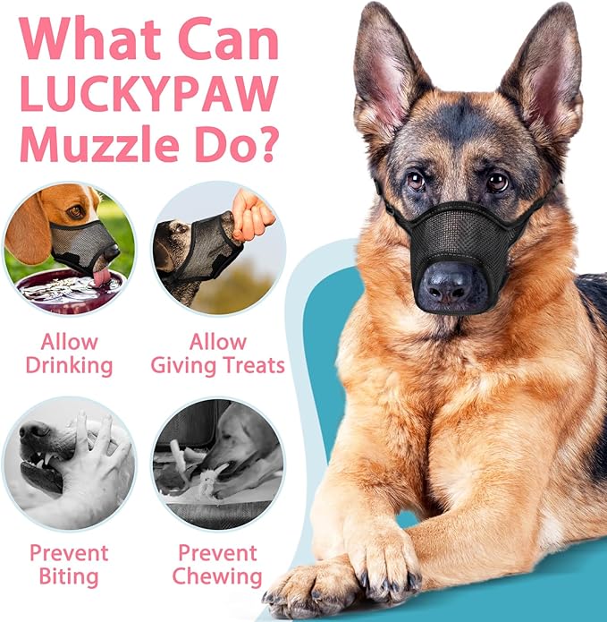 LUCKYPAW Dog Muzzle, Mesh Muzzle for Large Medium Small Dogs, Soft Mouth Guard for Biting Chewing, Breathable Mouth Cover with Adjustable Hook and Loop for Training, Grooming(Black, S)