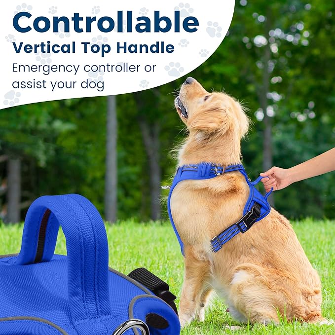 Funfox Dog Harness No Pull, Adjustable Pet Vest Harness, Super Soft Material with Vertical Handle Easy Control, Reflective Night Walking, 2 Leash Clips for Medium Sized Dogs, Blue, M