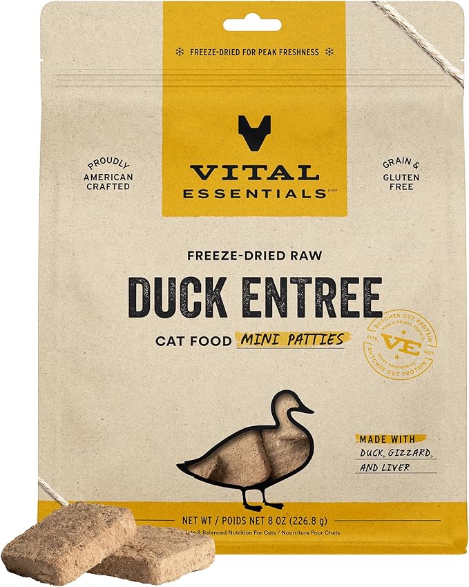 Vital Essentials Freeze Dried Raw Cat Food, Duck Mini Patties Entree, 8 oz