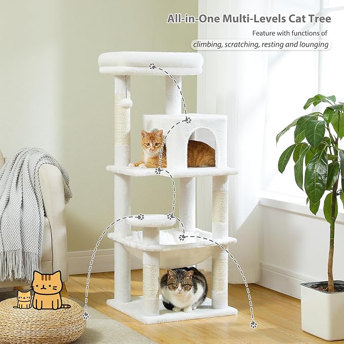 PETEPELA 45.7" Cat Tree for Large Cats, 5-Level Cat Tower for Indoor Cats with Large Hammock (17.3"x15.3"), Cat Condo with (18.5"x13") Big Top Perch & 4 Sisal Covered Scratching Post, White