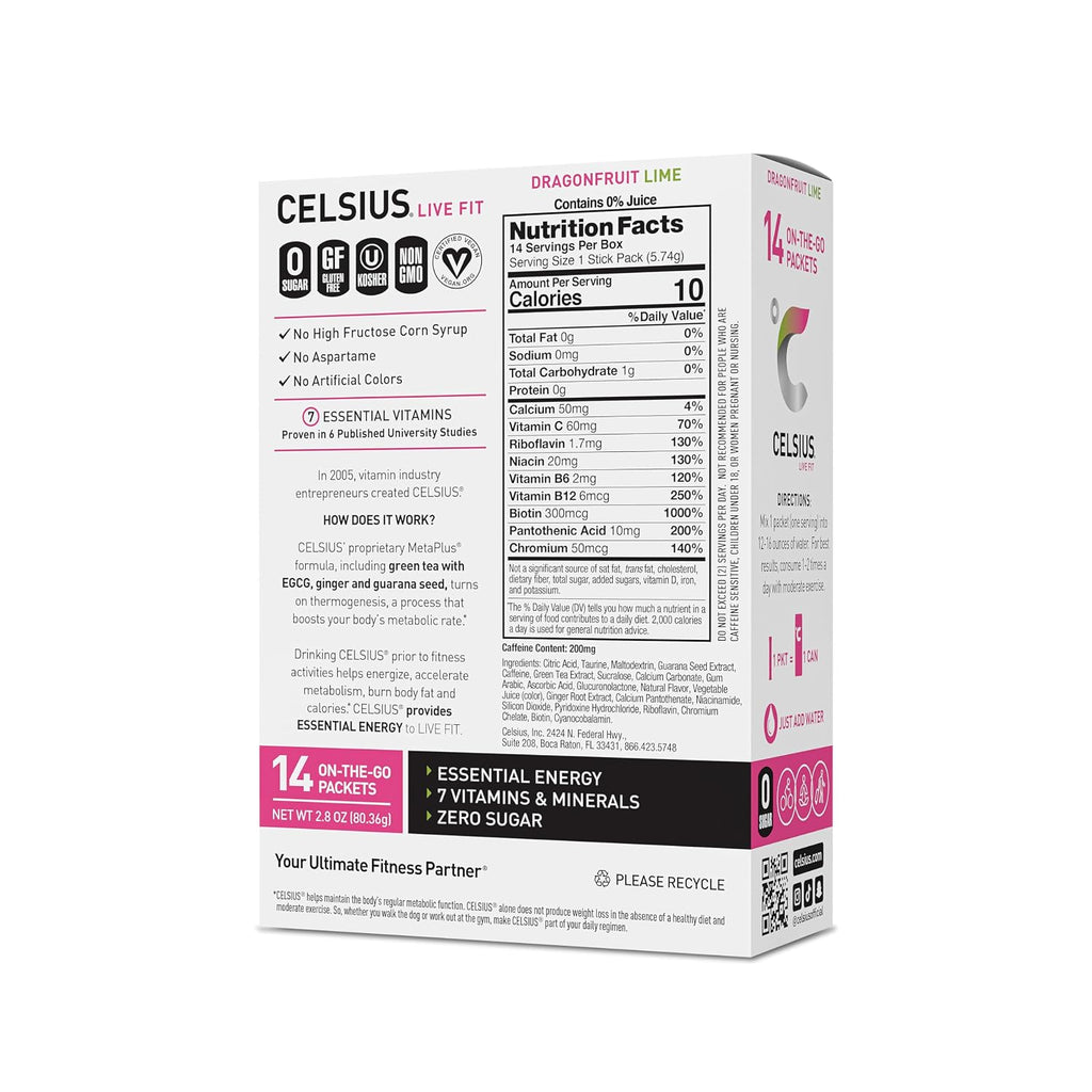 CELSIUS® On-The-Go Powder Sticks Dragonfruit Lime, Essential Energy 2.8 Oz